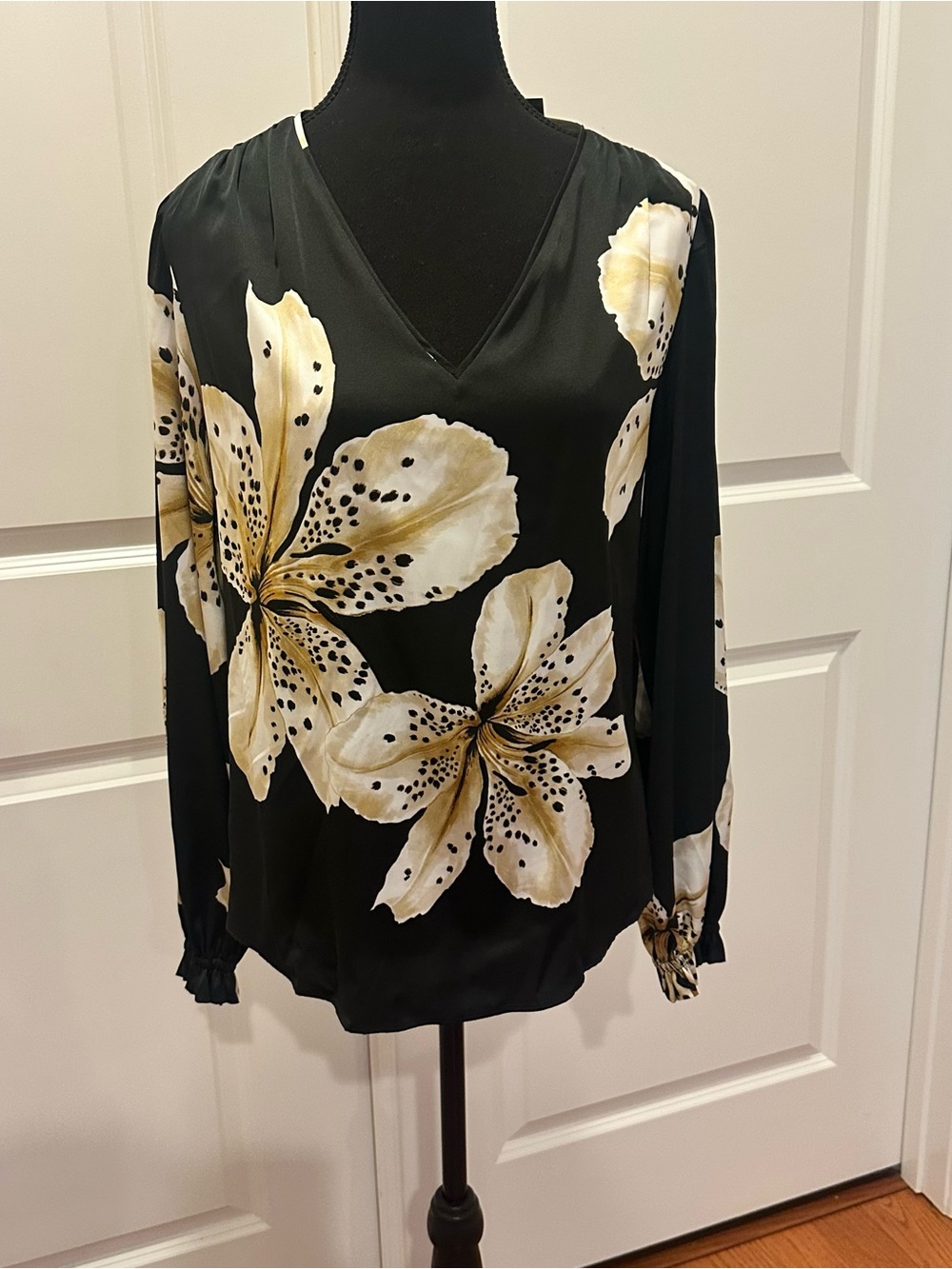 White House Black Market Black Blouse with Cream Floral Print